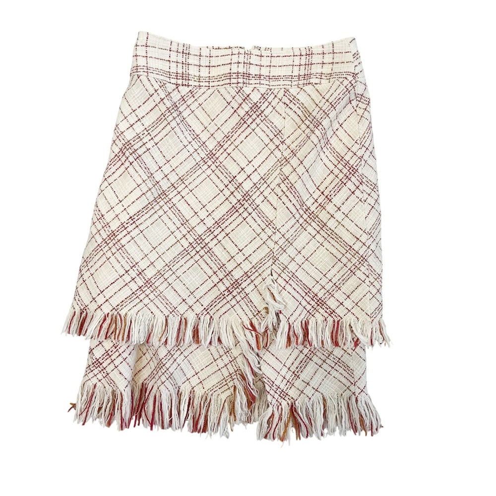 Vintage Y2K Anne Klein Tweed Plaid Fringe Hem Skirt Red Cream Preppy Petite 2P